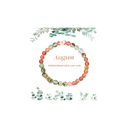 Birth Flower Crystal Bracelets for Women, Handmade Natural Gemstone Stretch Jewelry with Healing & Positive Energy - color: Aug. Gladiolus & Agate（2）