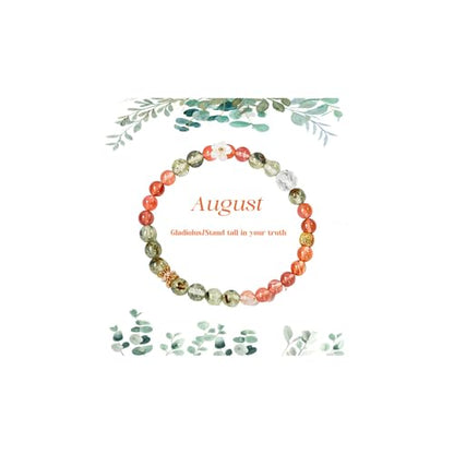 Birth Flower Crystal Bracelets for Women, Handmade Natural Gemstone Stretch Jewelry with Healing & Positive Energy - color: Aug. Gladiolus & Agate（2）