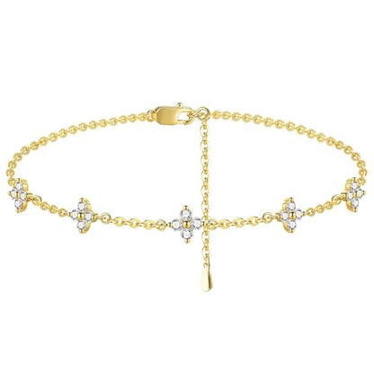 Dainty Moissanite Clover Bracelet for Women, D Color VVS1, Cute Stackable Adjustable 14K Gold/White Gold Plated Bracelet, Non Tarnish Trendy Waterproof Jewelry, Friendship Love Gift for Her