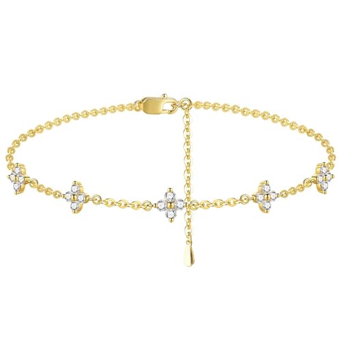 Dainty Moissanite Clover Bracelet for Women, D Color VVS1, Cute Stackable Adjustable 14K Gold/White Gold Plated Bracelet, Non Tarnish Trendy Waterproof Jewelry, Friendship Love Gift for Her