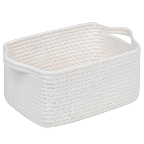 CubesLand Woven Cotton Rope Basket for Laundry, Book, Nursery, Clothes, Shoes, Toys Organizing and Bedroom Home&Living Room Decor, with Durable Handle, Rectangular 14x10x7.08IN White - color: White, size: 14''x10''x7.08''