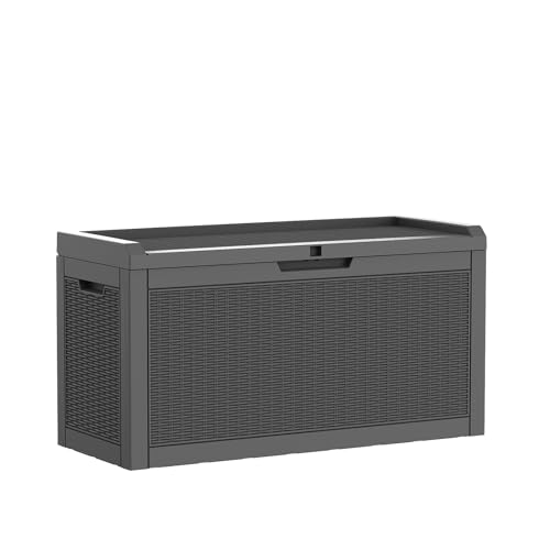 Mars Villa 60 Gallon Outdoor Storage Bench, Deck Box Waterproof Outside Resin Storage Bin for Outdoor Patio Furniture Cushion, Pool Supply, Garden Tool, UV-Resistant and Weatherproof, Rattan Black - color: Black, size: 60 Gallon Bench