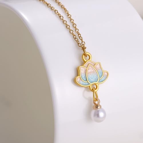Lotus Flower Necklace for Women, Gold Chain with Lotus Pearl Pendant Meditation Yoga Relaxation Jewelry Gift - style: Blue-Lotus Gold