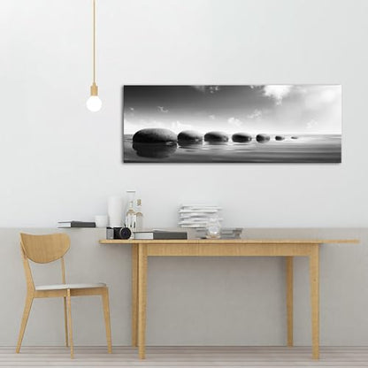 iKNOW FOTO Large Tranquil Zen Stones Canvas Print Monochrome Spa Wall Decor for Home & Office - Serene Nature Artwork for Living Room, Bathroom Mindfulness Black & White Picture 20x55 Inch