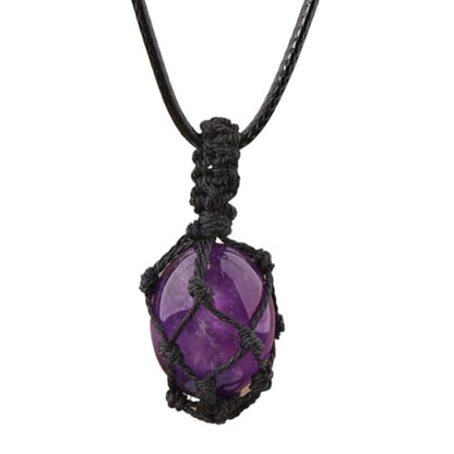 Crystal Tumbled Stone Pendant Necklace for Women Knotted Net Bag Leather Necklace Yoga Meditation Jewelry Gifts - color: Amethyst