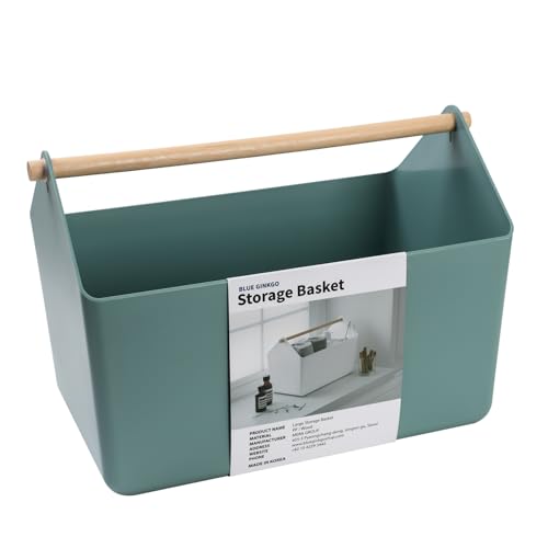 BLUE GINKGO Large Storage Basket – Plastic Caddy with Wooden Handle for Bathroom, Pantry, or Cleaning Supplies (Green) - color: GREEN, size: Large