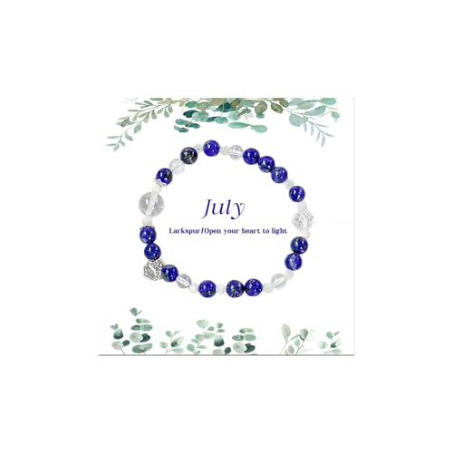 Birth Flower Crystal Bracelets for Women, Handmade Natural Gemstone Stretch Jewelry with Healing & Positive Energy - color: Jul. Larkspur & Lapis Lazuli