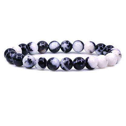 Keleny Gem Semi Precious Gemstones 8mm Round Beads Crystal Stretch Bracelets 7 Inch Unisex - color: Black Wihte Zebra Jasper