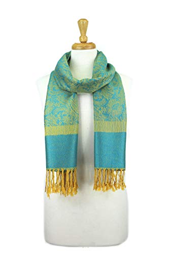 PASKMLNA Paisley Jacquard Pashmina Shawl Wrap Scarf Stole - color: Aqua Gold