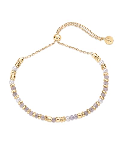 PAVOI 14K Yellow Gold Plated Gemstone Beaded Bracelets for Women - Adjustable Slider Dainty Pearl Bracelet - Boho Festival Pearls, Labradorite, Sodalite, Red Jade, Amazonite Beads - Gold Jewelry Gifts - style: Labradorite