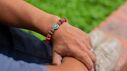Hands Of Tibet Tibetan Mala Embedded Medicine Wrist Mala for Meditation Handmade Draw String Silk Pouch (Om Charm)