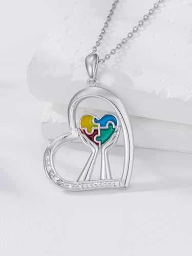 Autism Awareness Necklace for Women 925 Sterling Silver Autism Puzzle Piece Pendant Necklace Inspirational Christmas Gift for Autistic - color: A+Autism