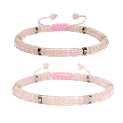 Mixed Gemstone Adjustable Braided Beaded Bracelet for Women, 2x4mm Heishi Disc Natural Healing Stone Summer Beach Jewelry, Yoga Gift for Her - color: Rose Quartz