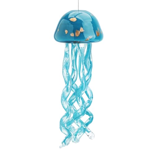 Handblown Art Glass Jellyfish Wind Chime,Glass Jellyfish Hanging Sun Catcher Wind Chime,Wind Chimes for Outside,Sea Glass Blown Wind Chimes for Beach Party,Wedding Decor(Aqua Blue) - color: Aqua Blue