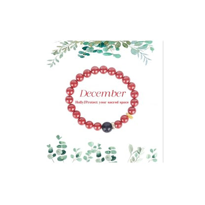 Birth Flower Crystal Bracelets for Women, Handmade Natural Gemstone Stretch Jewelry with Healing & Positive Energy - color: Dec. Holly & Sandstone