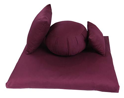 Buckwheat Zafu, Zabuton and Support Meditation Cushions Set (4Pc) - color: Burgundy