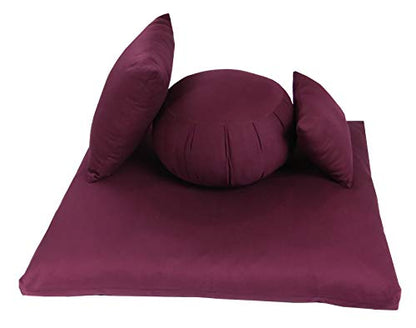 Buckwheat Zafu, Zabuton and Support Meditation Cushions Set (4Pc) - color: Burgundy
