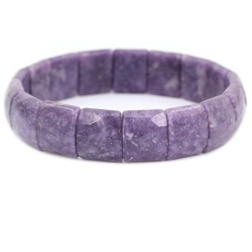 Keleny Gemstones Semi Precious 15mm Square Grain Faceted Beaded Stretch Bangle 7.5 Inch Unisex - color: A Grade Purple Lepidolite Lithium Mica