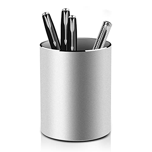 Vaydeer Metal Pen Holder Aluminum Pencil Holder for desk, Round Desktop Organizer and Silver Pencil Cup for Office, School, Home and Stationary Supplies (3.15 x 3.15 x 3.94 Inches) - color: Silver