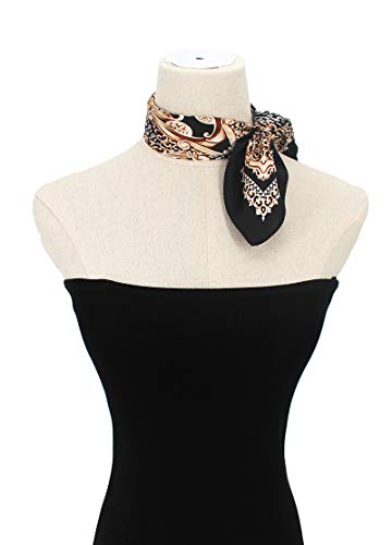 ANDANTINO 100% Mulberry Silk Scarf -21” Lightweight Square Neckerchief – Breathable Digital Printed Scarves with Gift Packed - color: Gold &Black