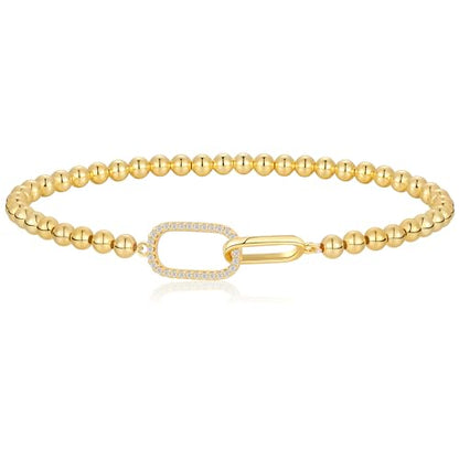 Gold Bracelets for Women, Cute 14K Gold/Silver Plated Stretch Beaded Bracelets for Women Trendy Stackable Charm Bracelet Dainty Adjustable Waterproof Non Tarnish Jewelry Gifts for Her - color: square