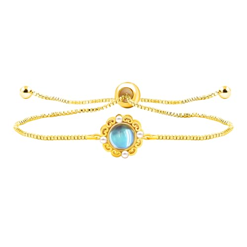 | Gold Brass Bracelet | Glass Floral Engraved Adjustable Chain | Elegant Positive Energy Charm | Everyday Wear Friendship Accessory - color: Blue