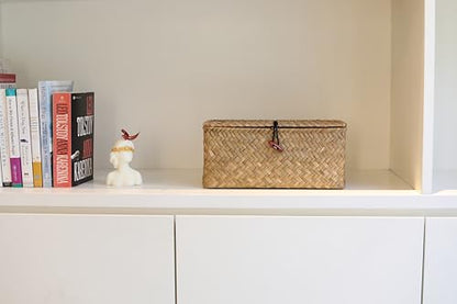 Rectangular Handwoven Seagrass Small Storage Basket with Lid for Shelves and Home Organizer Bins,S (10.2"x5.5"x4.3"H), Natural - size: S (10.2"x5.5"x4.3"H)
