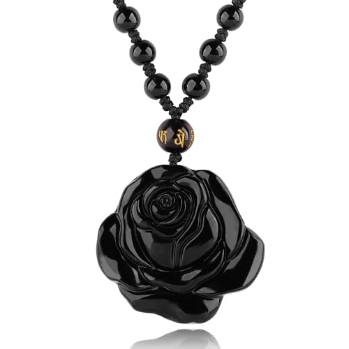 Black Obsidian Necklace Natural Crystal Amulet Protection Pendant with Adjustable Rope Lucky Talisman Necklaces Jewelry Gift for Men Women - color: Rose Beaded Rope