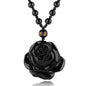 Black Obsidian Necklace Natural Crystal Amulet Protection Pendant with Adjustable Rope Lucky Talisman Necklaces Jewelry Gift for Men Women - color: Rose Beaded Rope