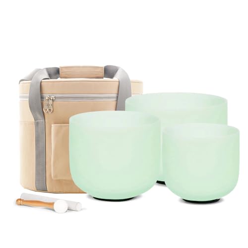 Hye-eun 432hz Crystal Singing Bowls Set,8-12inch Mint Green Sound Bath Bowl 8"A 10"F 12"C,Spiritual Mindfulness Sound Bowls with Beige Carry Case