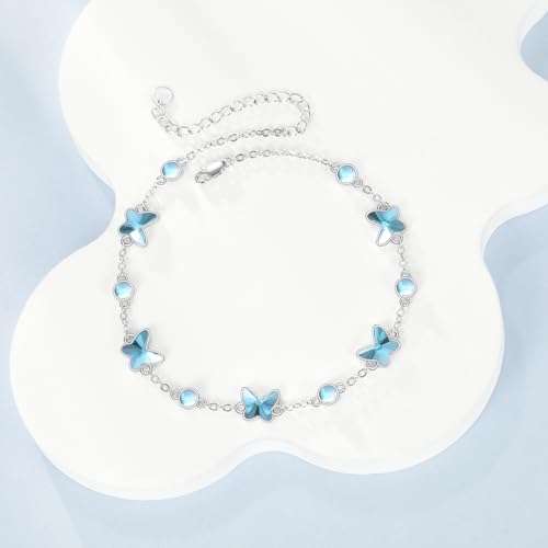 CRMAD 925 Sterling Silver Daisy/Sunflower Moonstone Anklet Daisy Flower Ankle Bracelet for Women Beach Dainty Jewelry - size: 9+2 inch, style: butterfly