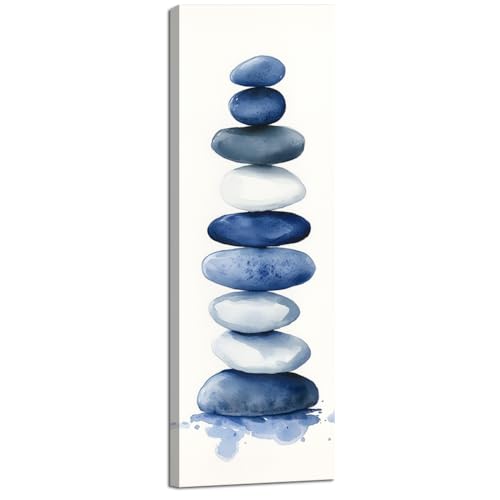 ZQQART Zen Stone Canvas Wall Art Blue and White Zen Stone Paintings Bathroom Pictures Relaxing Spa Meditation Room Spiritual Artwork for Living Room Framed (8W x24L) - size: 8W"x24L"