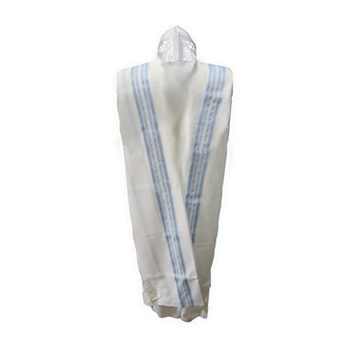100% Wool Kosher Mehudar Badats Traditional Tallit Prayer Shawl, Tallit with a super elegant look - color: With Sky Blue Stripes, size: Size 60 - 75 X 55 Inch