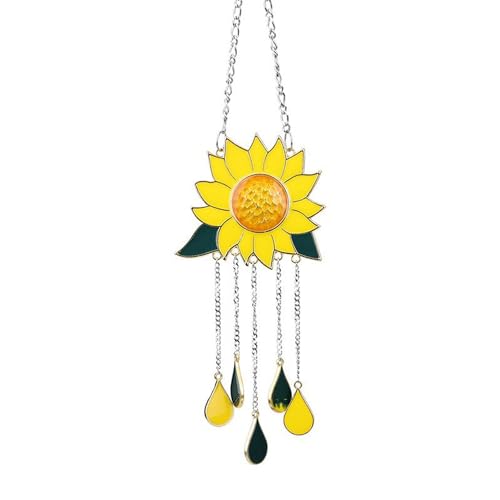 Sunflower Wind Chimes Ornaments, Stained Glass Dripping Sunflower Pendant Window Hanging Panel Decoration with Chain, Flower Wind Chimes Art Decorations for Garden Patio Decor