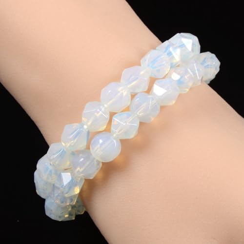 Justinstones 8mm Natural Gemstone Round Beads Triangle Faceted Charm Stretch Bracelet 6.5" - color: Synthetic Opalite