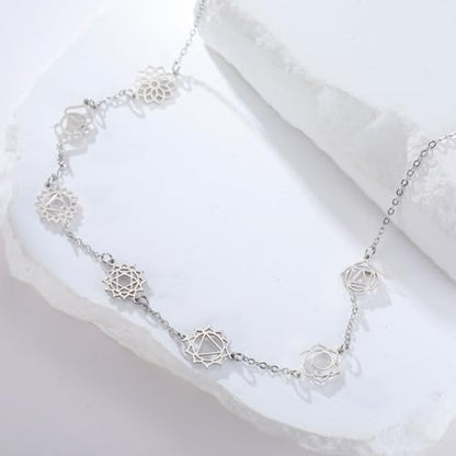 TEAMER 7 Chakras Yoga Charm Necklace Stainless Steel Adjustable Rhinestone Necklace Spiritual Meditation Inspirational Jewelry For Women