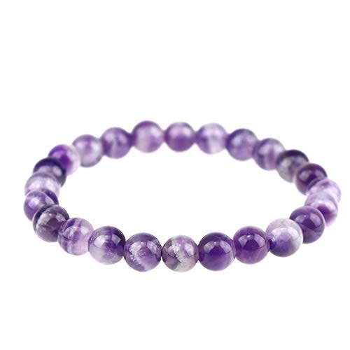 Natural Gemstones Bracelet 8mm Chakra Round Beads Energy Power Crystal Reiki Healing Elastic Stretch 7 Inch for Women Men Unisex - color: Stripe Amethyst
