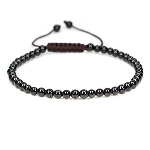 Keleny Natural Gemtones 4mm Round Beads Crystal Adjustable Braided Macrame Tassels Bracelets Unisex - color: Black Tourmaline