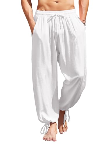 COOFANDY Men's Cotton Linen Pants Casual Harem Pants Elastic Waist Beach Boho Yoga Trousers - color: 1-white, size: X-Large