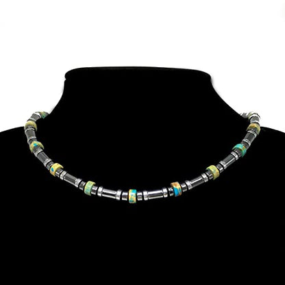 Healing Stress Anxiety Meditation Grounding Energy Gemstone Necklace Series - color: Turquoise & Hematite -6 mm- Stone Tube Beads
