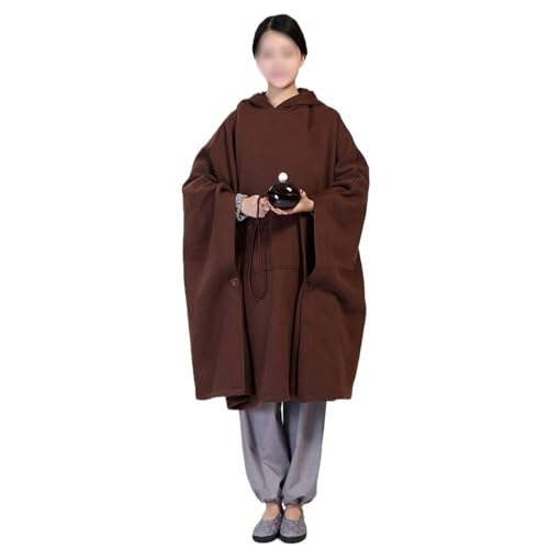 Winter Meditation Robe Buddhist Hooded Cloak Capes Warm Fleece Lined Oversize Coat with Pockets - color: Coffee, size: Large