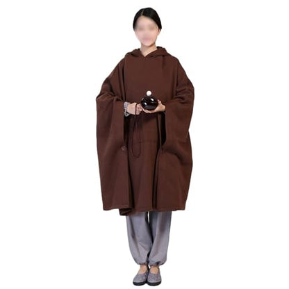 Winter Meditation Robe Buddhist Hooded Cloak Capes Warm Fleece Lined Oversize Coat with Pockets - color: Coffee, size: Large