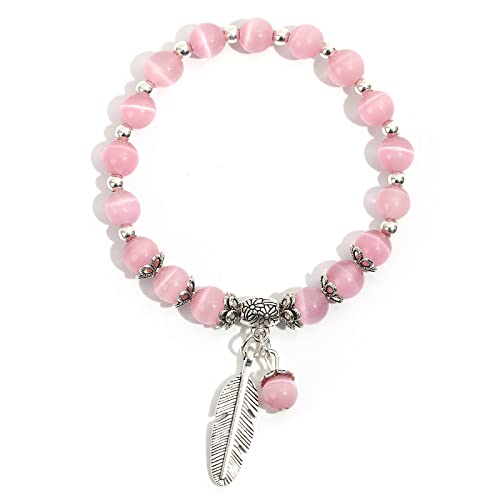 Natural Stretch Gemstone Bracelet Healing Stone Beaded Bracelets for Women Men Gifts (Unisex) - color: 8mm pink