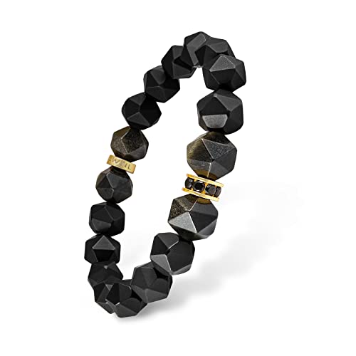 AWNL Beaded Bracelet for Men Tiger Eye Onyx Obsidian Natural Gemstones (10 mm) Premium Sterling Silver Centre Protection Charm Handmade Stretch Bracelet Gift for Men, 5.9''- 8'' - color: Black, size: XS (Wrist Size 5.9'' - 6.3'' Weight 60-70 kg)