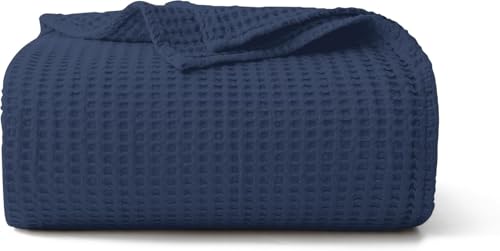 100% Cotton Waffle Blanket (Navy Blue - Throw Size - 50 * 60''), Pre-Washed and Anti-Shrinkage Soft Lightweight Bed & Couch Blanket, 380 GSM Waffle Weave Throw Blanket for All Seasons - color: Navy Blue, size: Throw (50"*60")