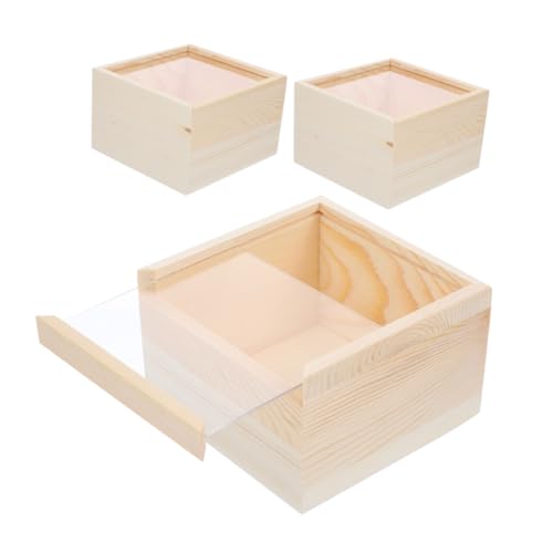 Mikikit 3 Pieces Acrylic Sliding Lid Storage Boxes, Wooden Jewelry and Trinket Organizer, 15x15x8cm Sundries Case for Personal and Everyday Use