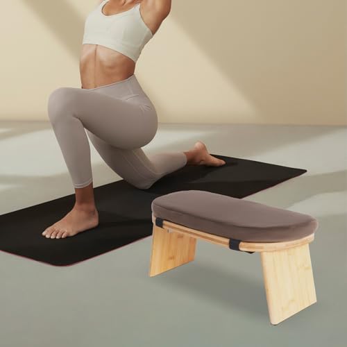 TFCFL Meditation Bench, Foldable& Ergonomic Meditation Stool, Bamboo Wood Kneeling Stool with Velvet Cushion, for Yoga or Sitting (Wood Color+ Coffee)