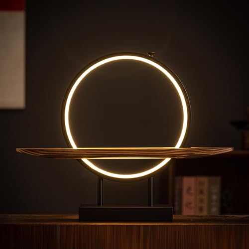 Wooden Buddha Altar Table with Green Artificial Tree and LED Circle Table Lamp, Tabletop Desktop Zen Decor with Spacious Wooden Tray, Small Buddha Statue Base for Decor(A) - color: A