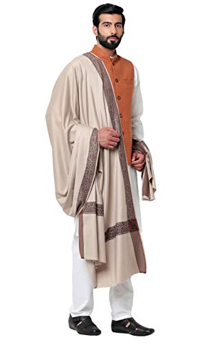 Weavers Villa Men's Woven Border Woollen Lohi Meditation Shawl Wrap - color: Light Beige