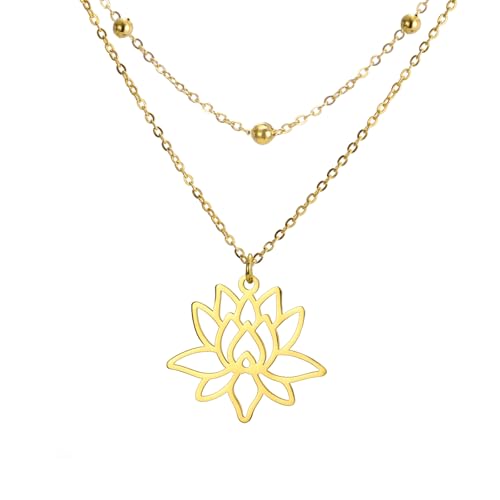 VASSAGO Buddha Lotus Necklace for Women Yoga Healing Pendant Stainless Steel Flower Necklace Buddhist Necklace Unalome Symbol Amulet Religious Jewelry - color: gold 9